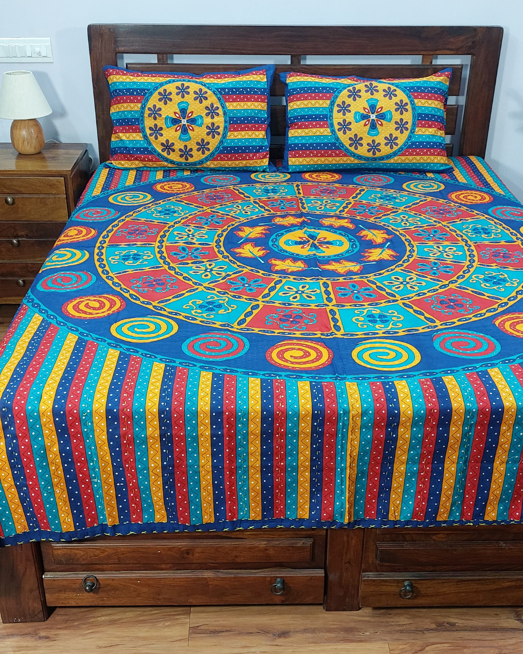 Cotton Double Bed Sheet Blue Kantha Work Mandala Print
