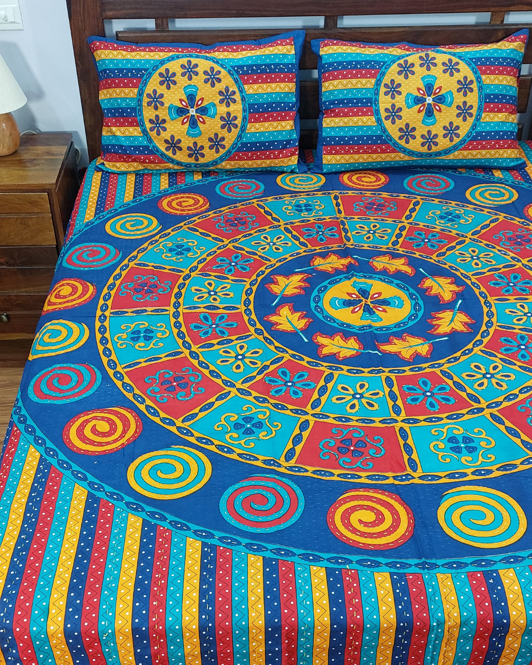 Cotton Double Bed Sheet Blue Kantha Work Mandala Print