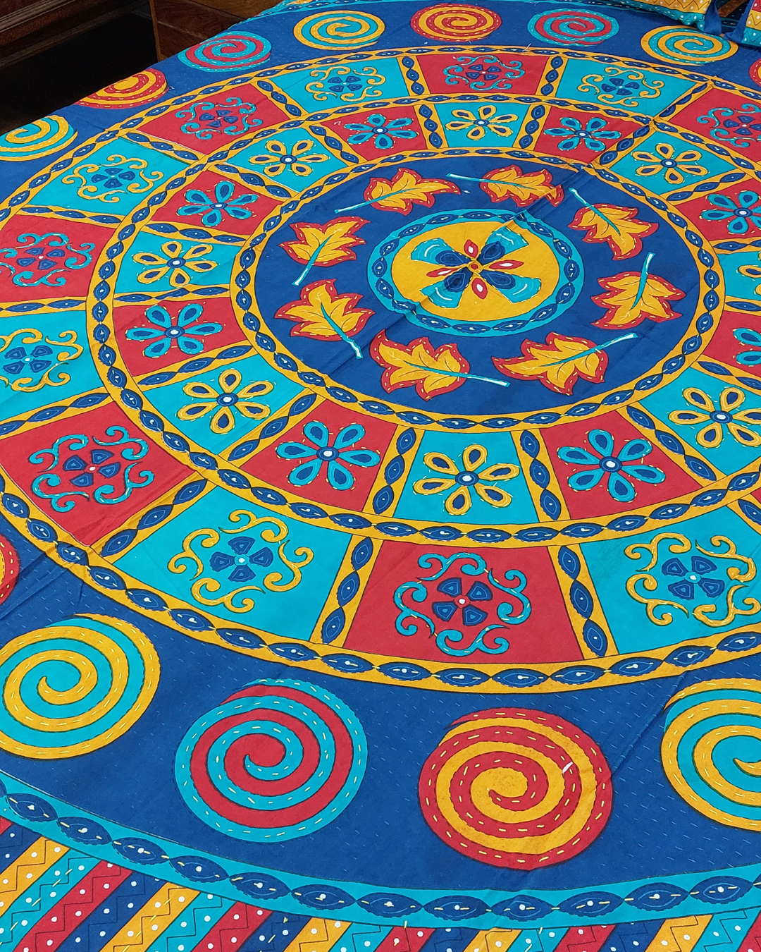 Cotton Double Bed Sheet Blue Kantha Work Mandala Print