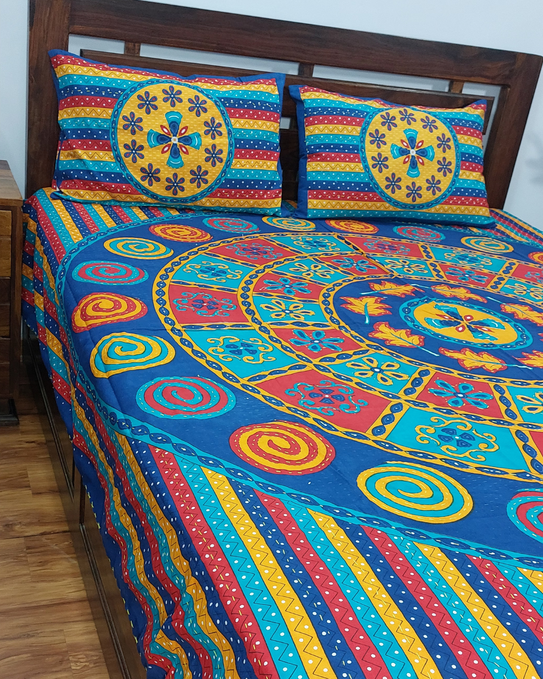 Cotton Double Bed Sheet Blue Kantha Work Mandala Print