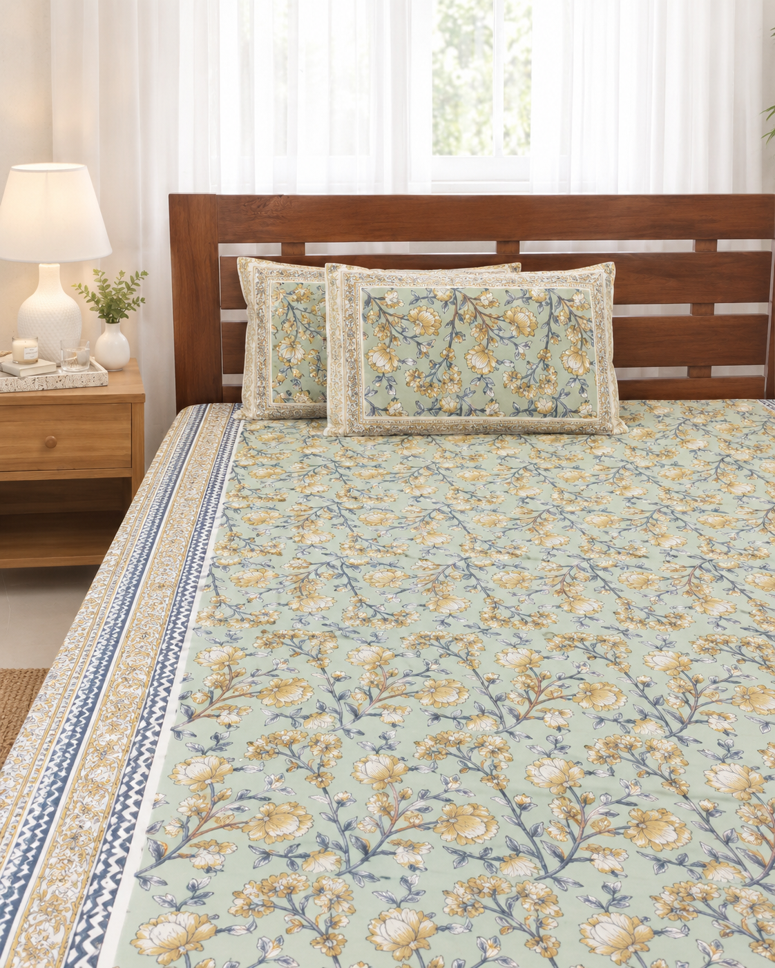 Cotton Queen Size Bedsheet – Sage Green Botanical Floral Print