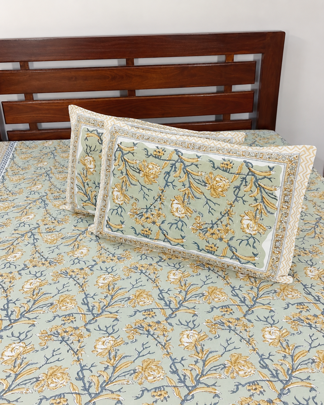 Cotton Queen Size Bedsheet – Sage Green Botanical Floral Print