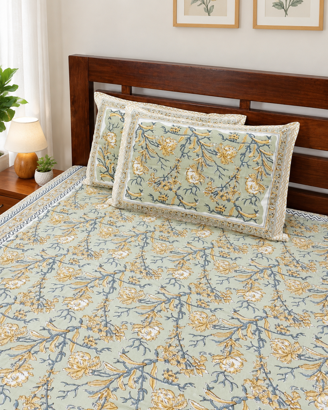 Cotton Queen Size Bedsheet – Sage Green Botanical Floral Print