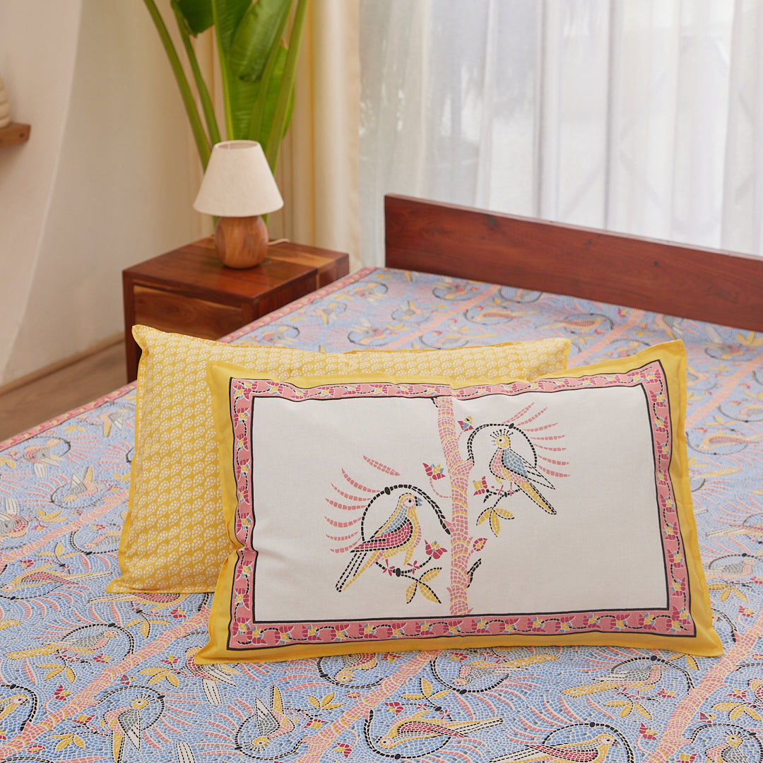 Cotton Blue-Mustard Bird Queen Size Bedsheet