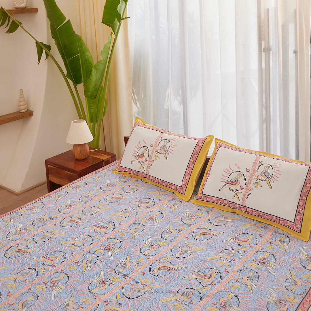 Cotton Blue-Mustard Bird Queen Size Bedsheet