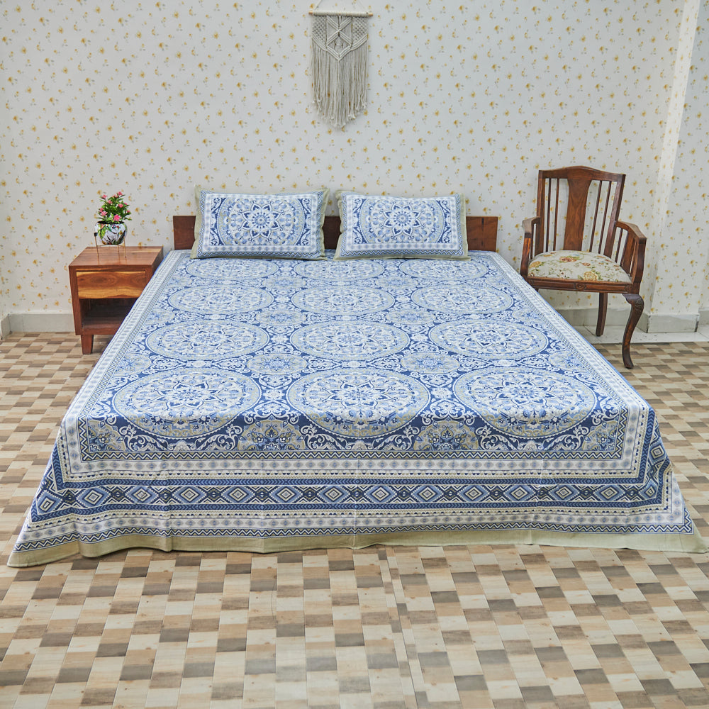 Cotton Flower Bel Print Blue Silver Queen Size Bedsheet