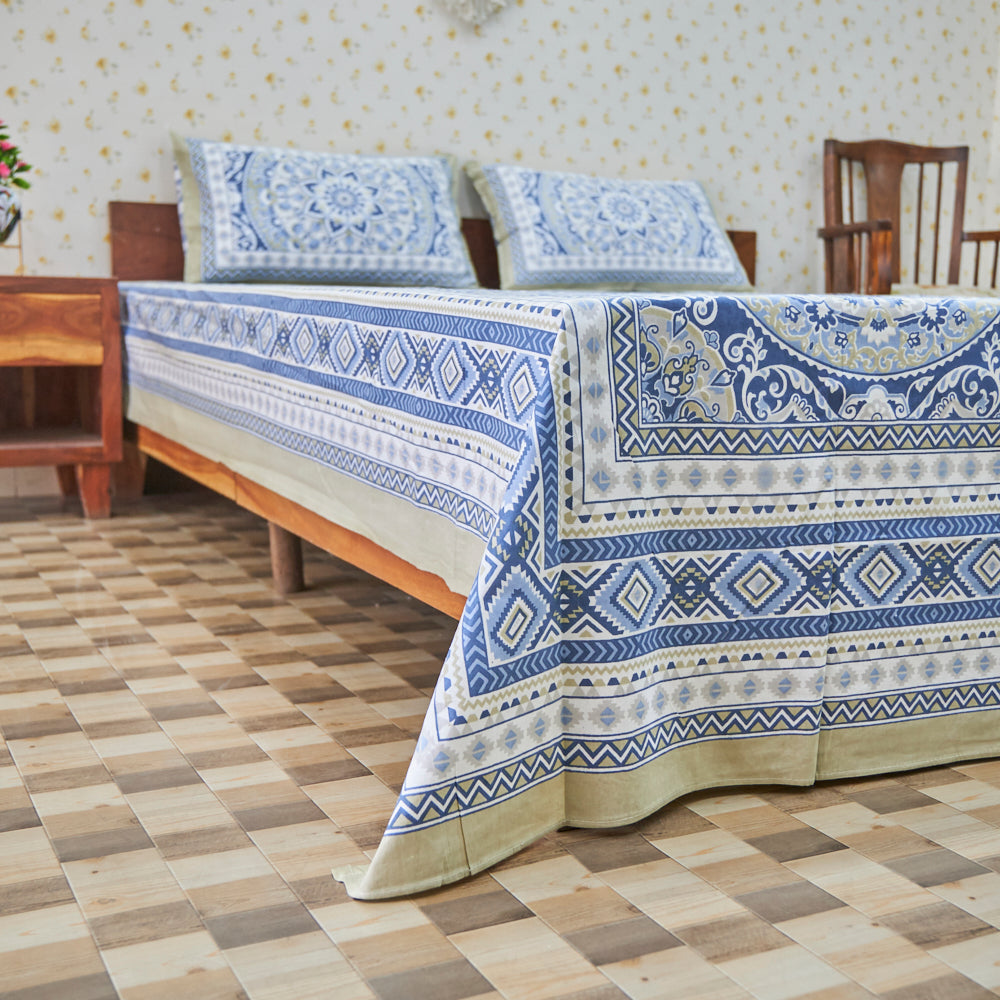 Cotton Flower Bel Print Blue Silver Queen Size Bedsheet