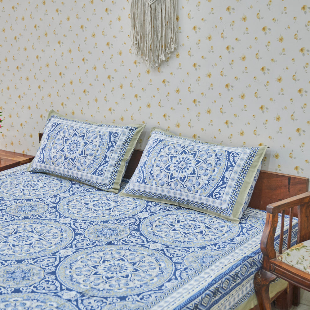Cotton Flower Bel Print Blue Silver Queen Size Bedsheet