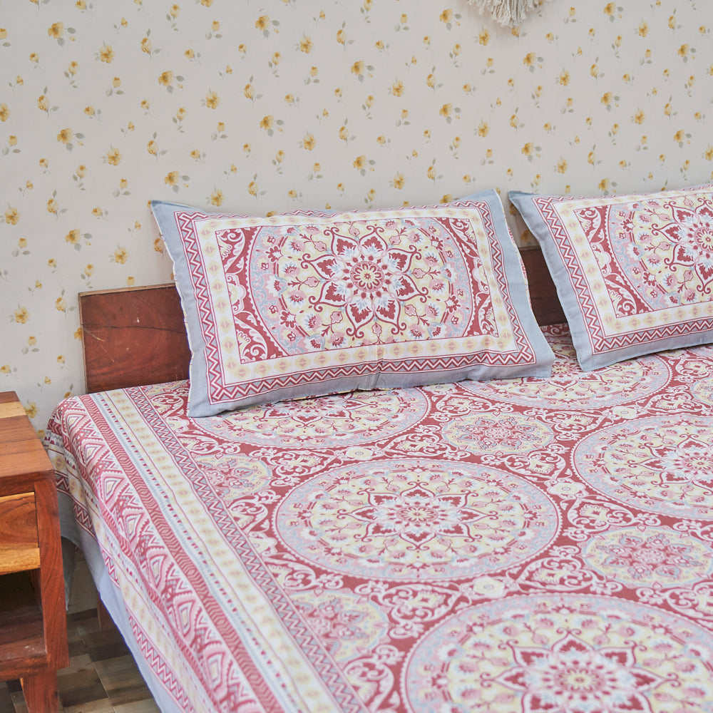 Cotton Flower Bel Print Red Yellow Queen Size Bedsheet