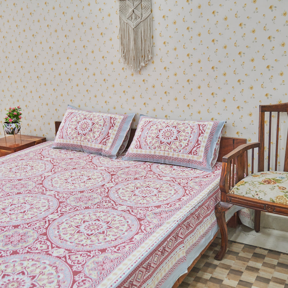 Cotton Flower Bel Print Red Yellow Queen Size Bedsheet
