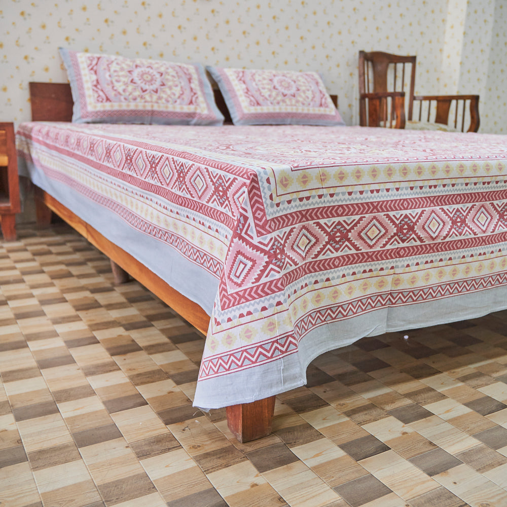 Cotton Flower Bel Print Red Yellow Queen Size Bedsheet