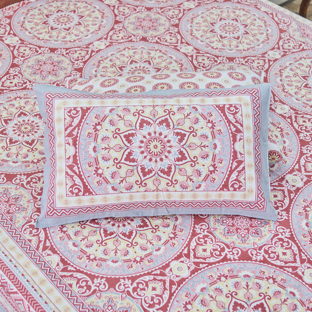Cotton Flower Bel Print Red Yellow Queen Size Bedsheet