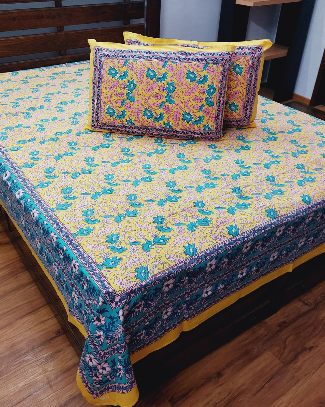 Cotton Double Bedsheet Yellow Floral Jaal Print