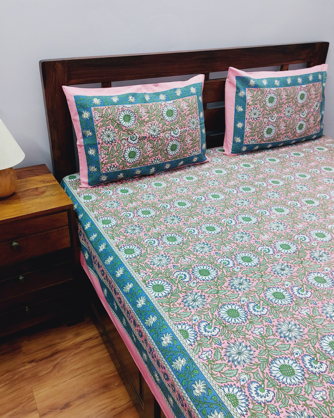 Cotton Double Bedsheet Pink Floral Jaal Print