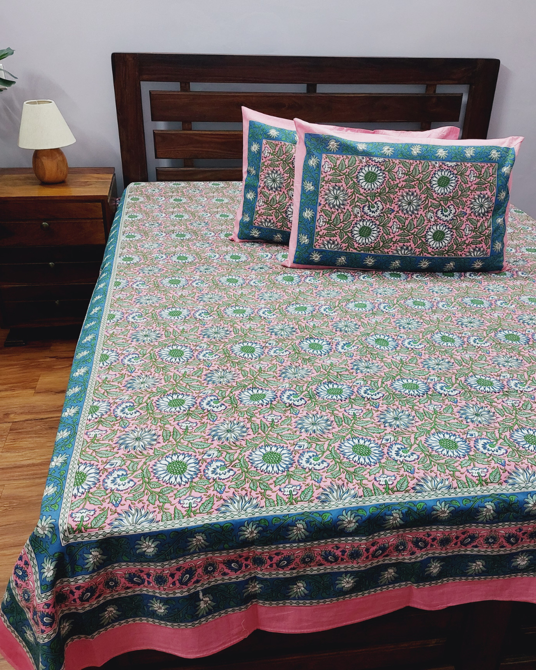 Cotton Double Bedsheet Pink Floral Jaal Print