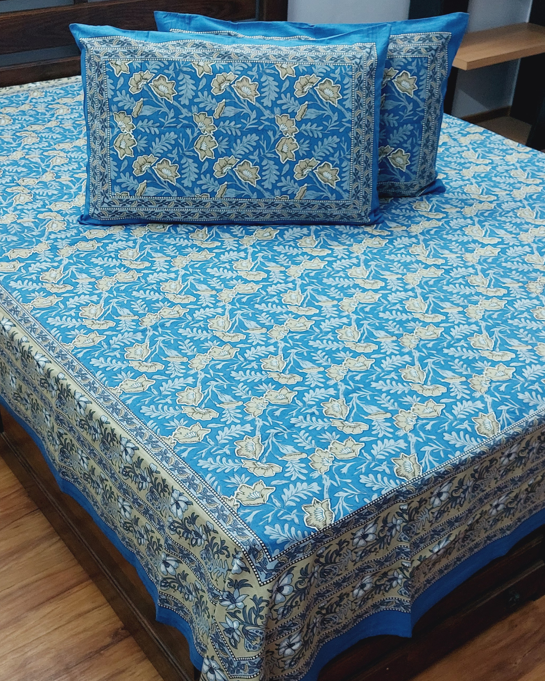 Cotton Double Bedsheet Blue Floral Jaal Print