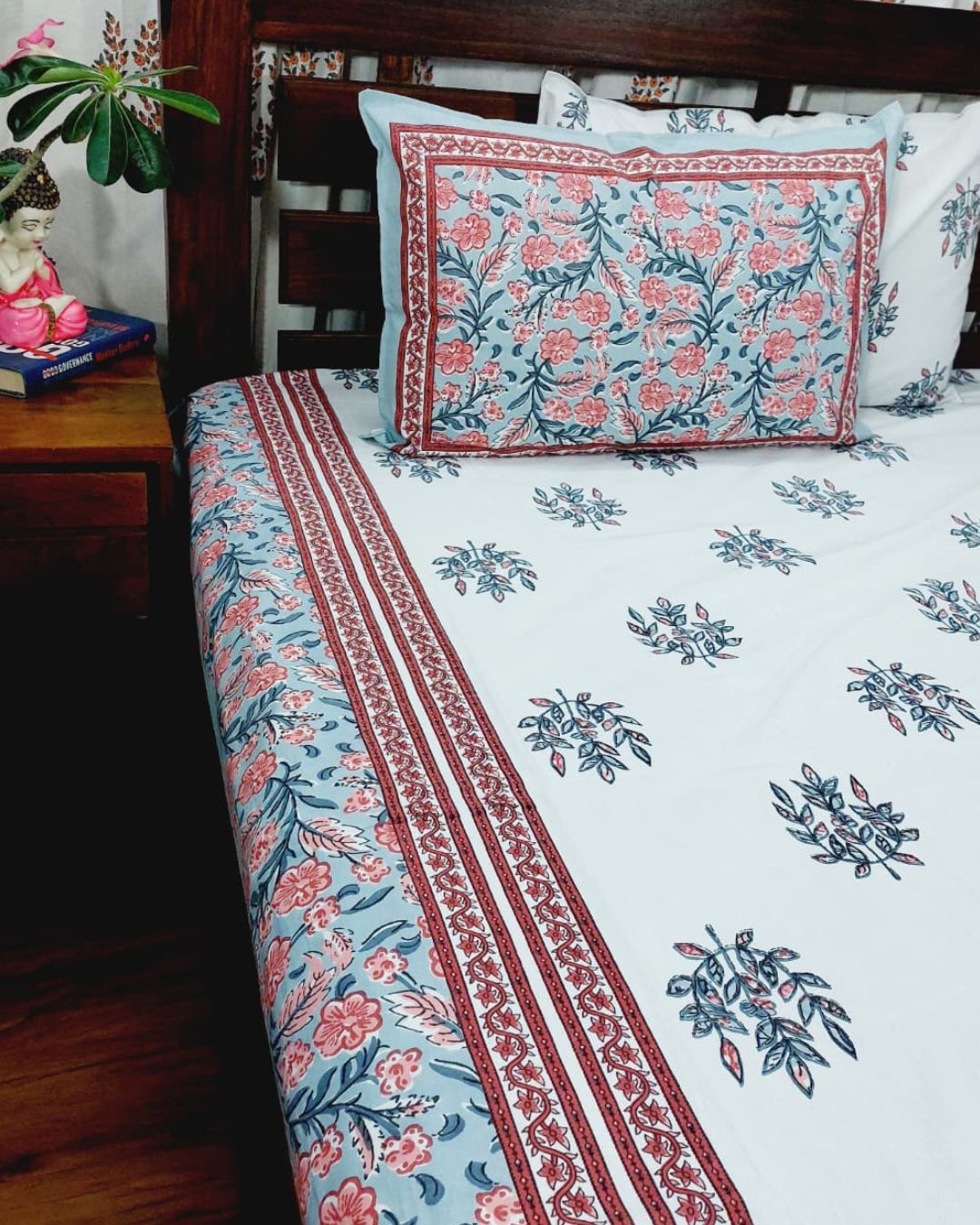 Cotton Double Bed Sheet Grey Pink Floral Boota Print