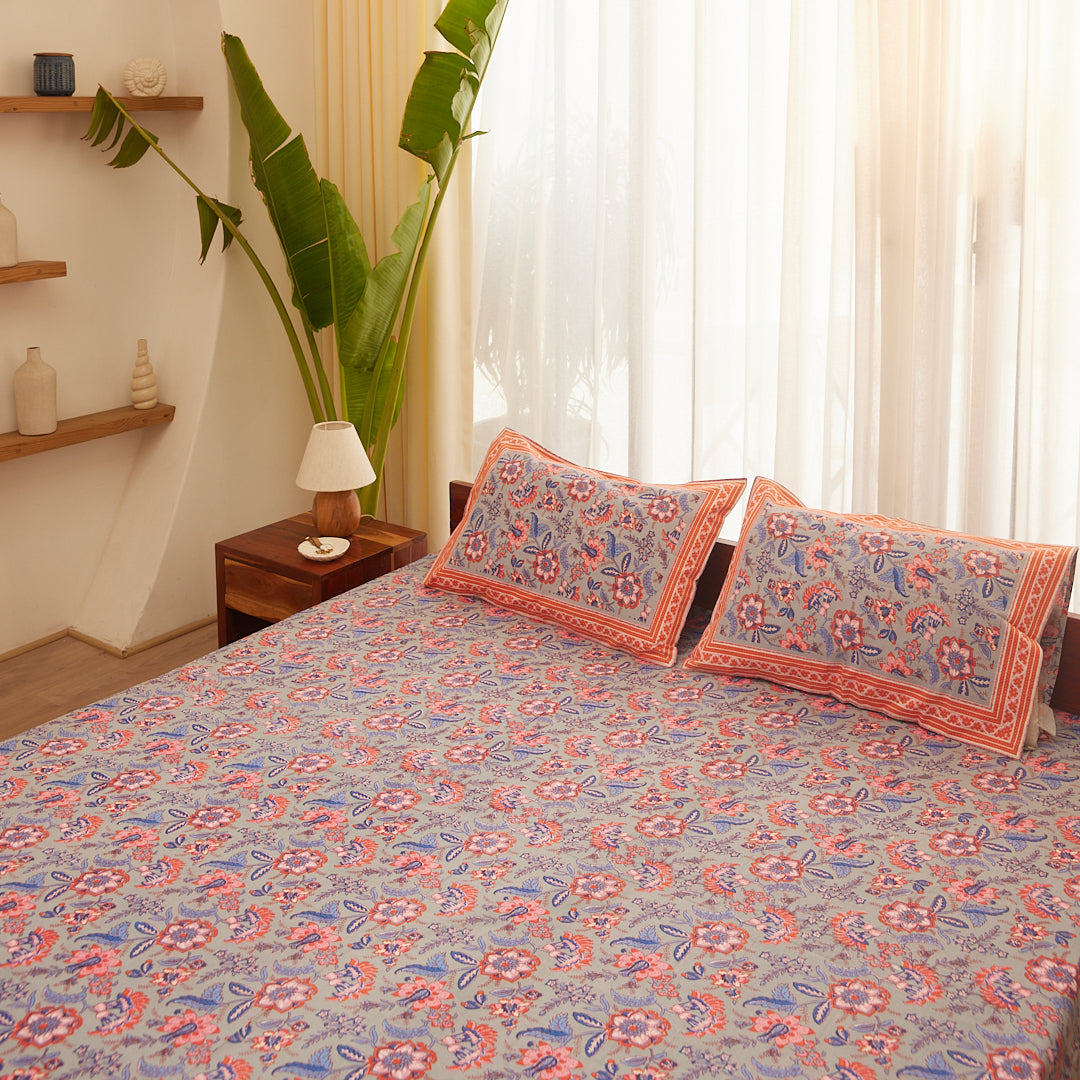 Cotton Queen Size Bedsheet Grey Pink Floral Print