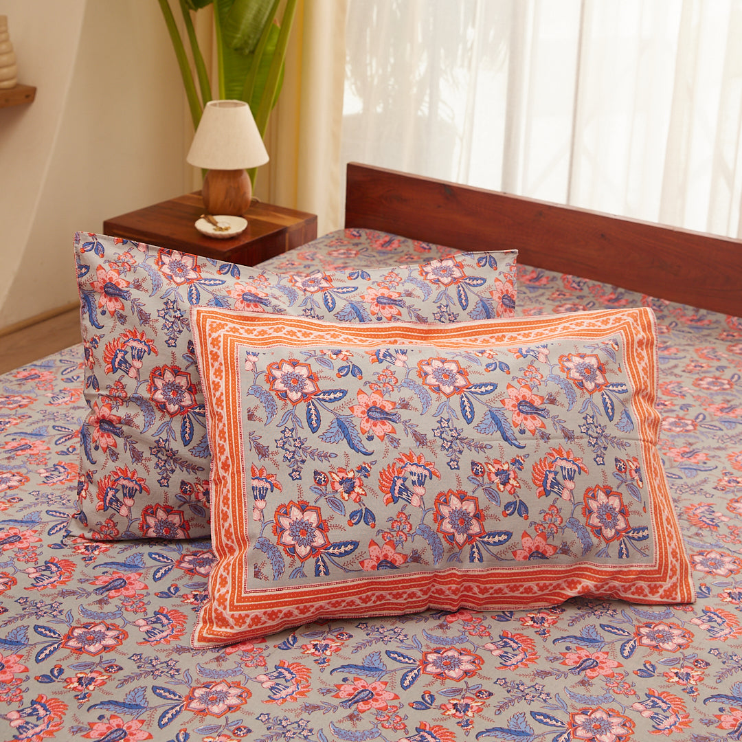 Cotton Queen Size Bedsheet Grey Pink Floral Print