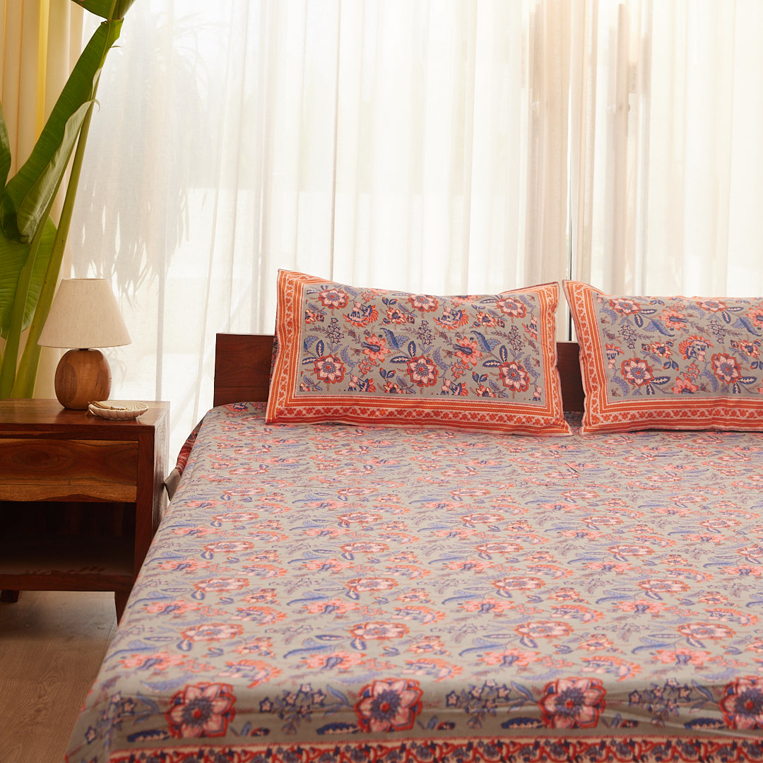 Cotton Queen Size Bedsheet Grey Pink Floral Print