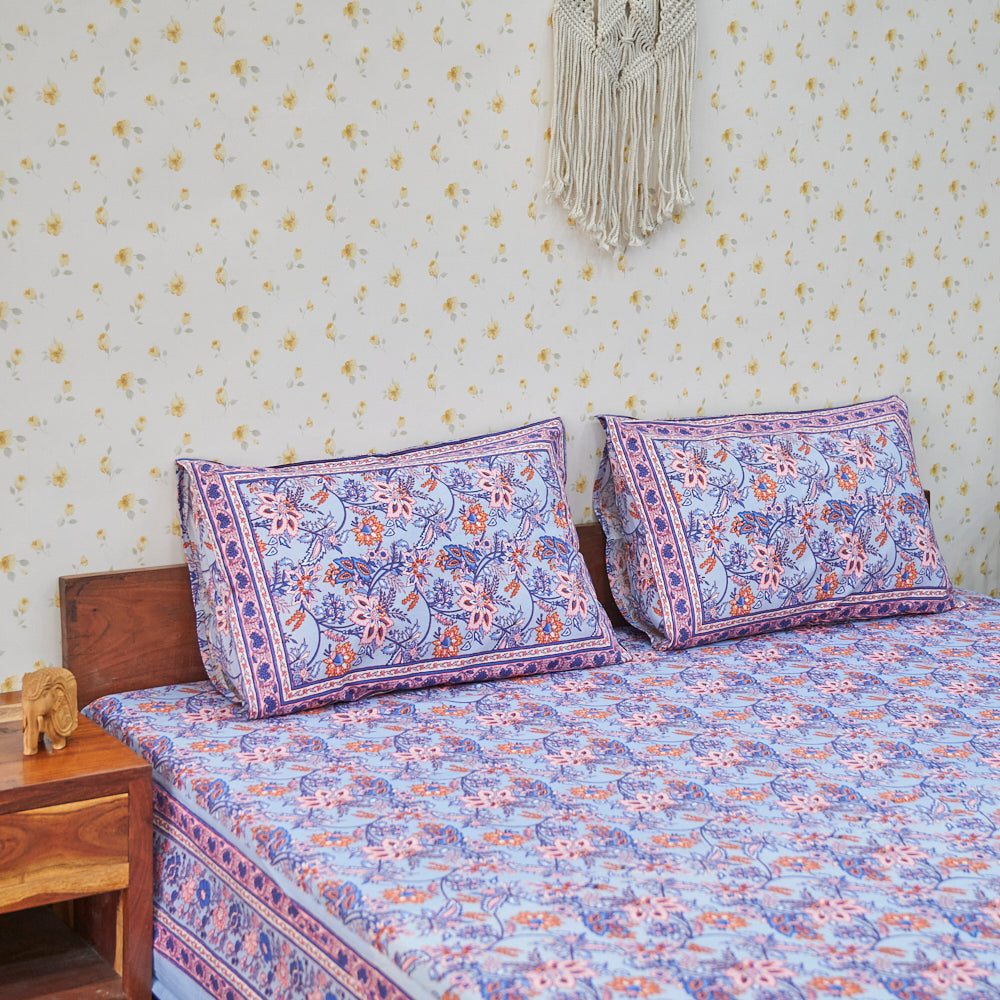 Cotton Double Bedsheet Blue-Orange Floral Jaal Print