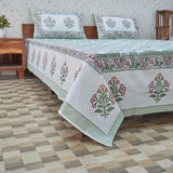 Cotton White Green Floral Print Queen Size Bedsheet