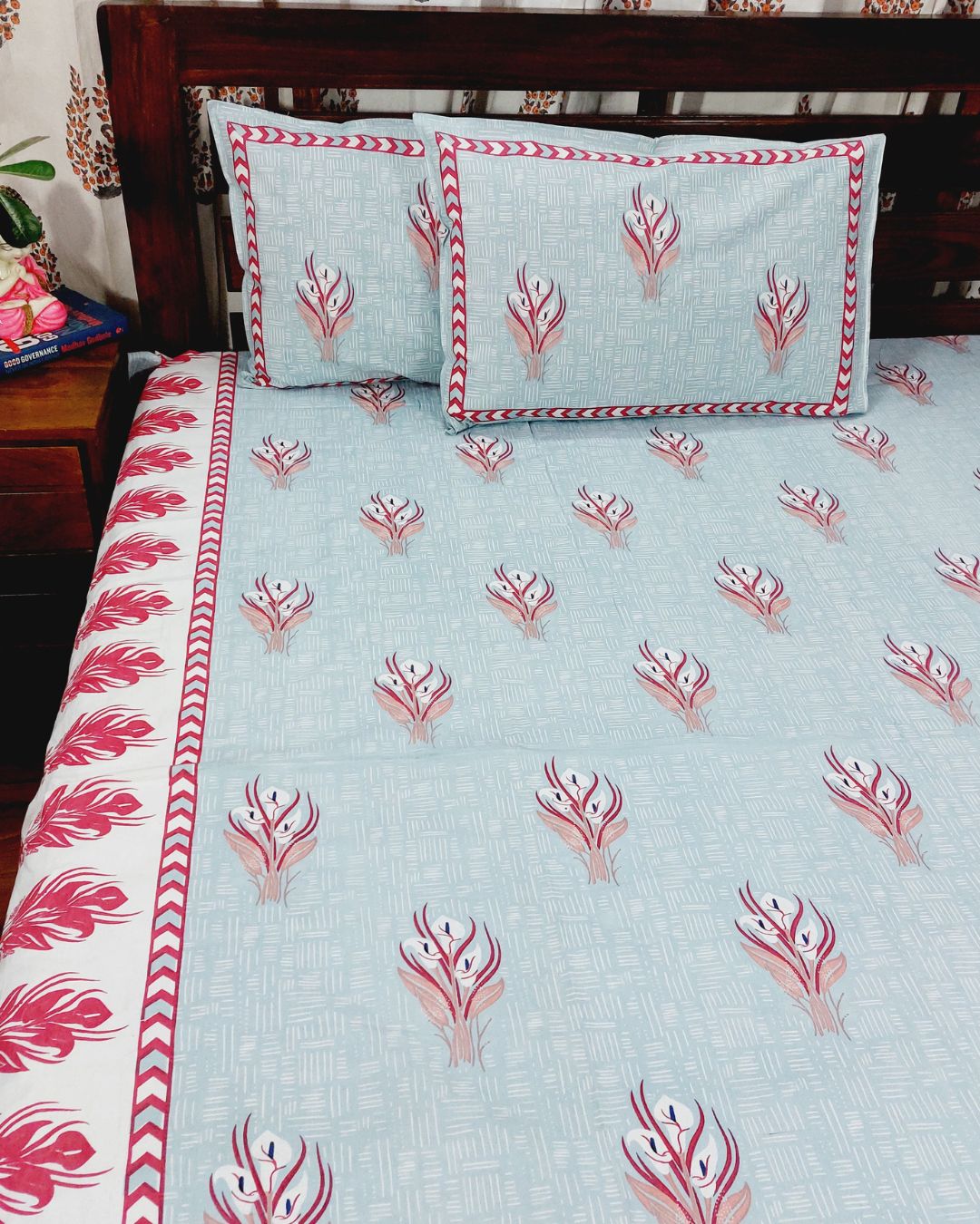 Cotton Grey Red Floral Queen Size Bedsheet