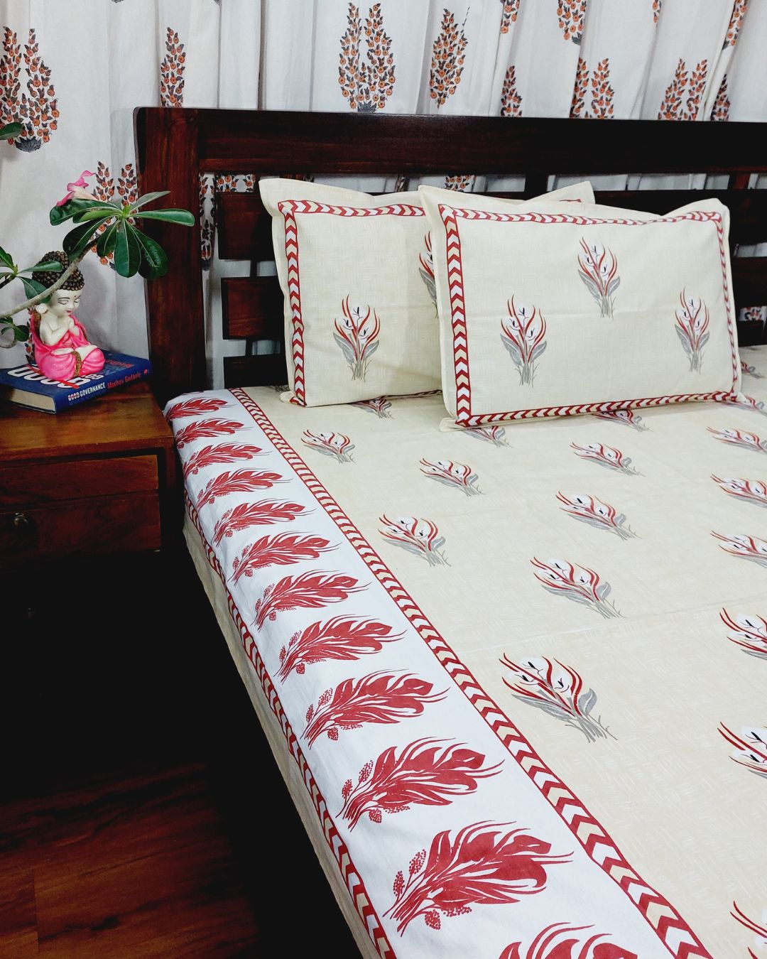 Cotton Yellow Red Floral Queen Size Bedsheet