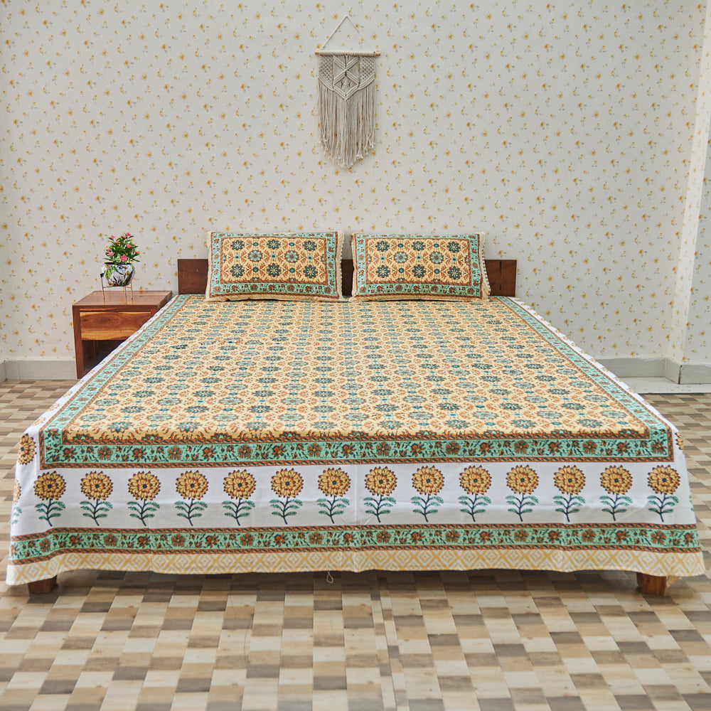 Cotton Long Bel Peach Green Queen Size Bedsheet