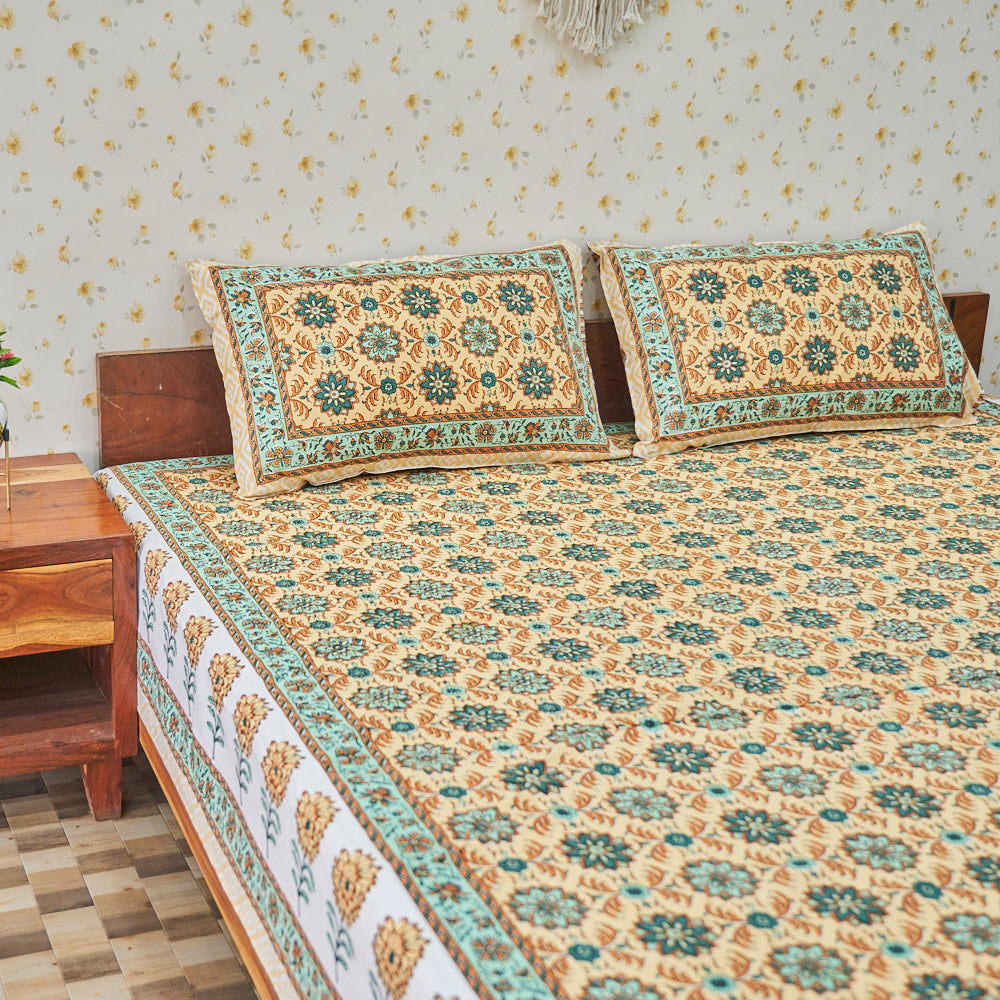 Cotton Long Bel Peach Green Queen Size Bedsheet