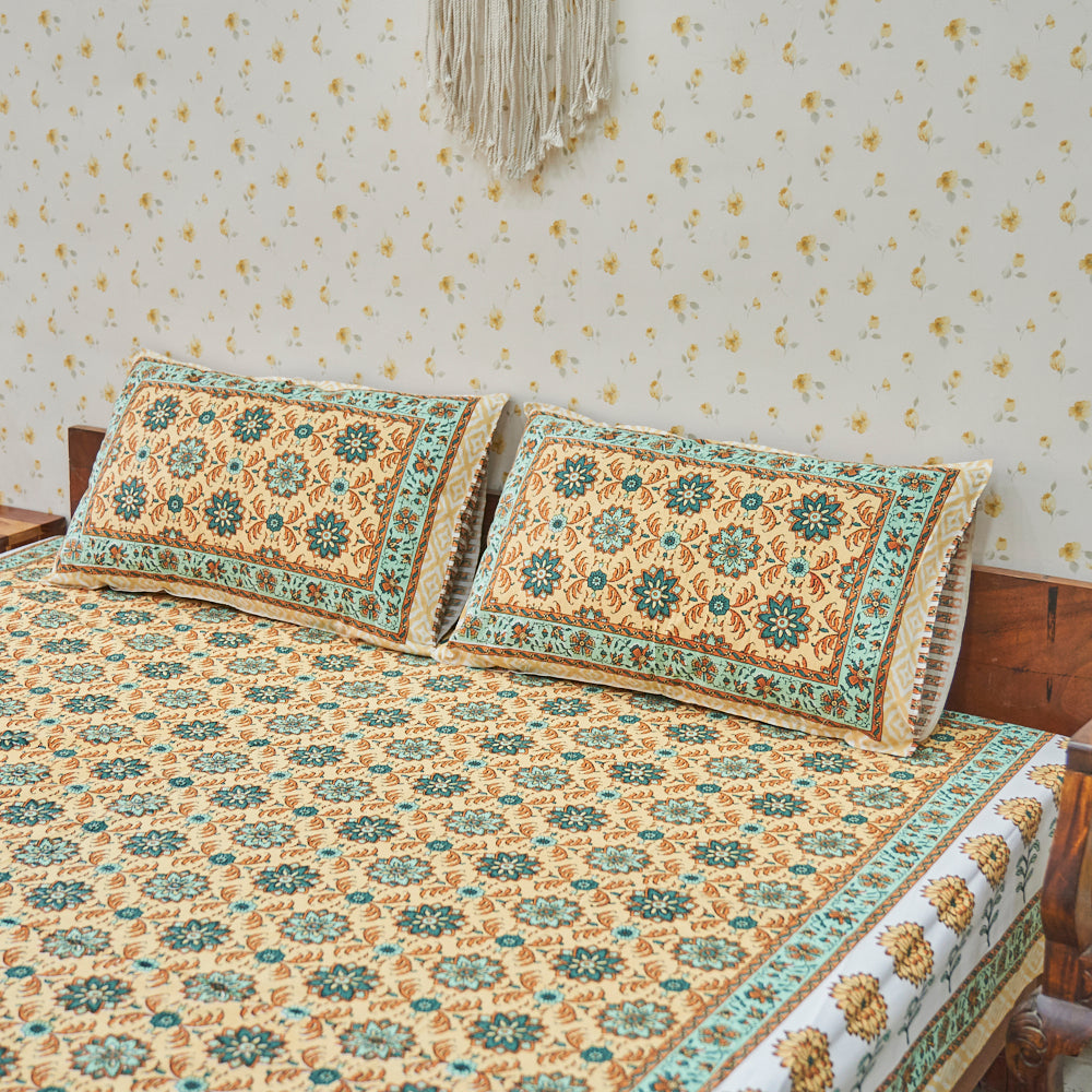 Cotton Long Bel Peach Green Queen Size Bedsheet