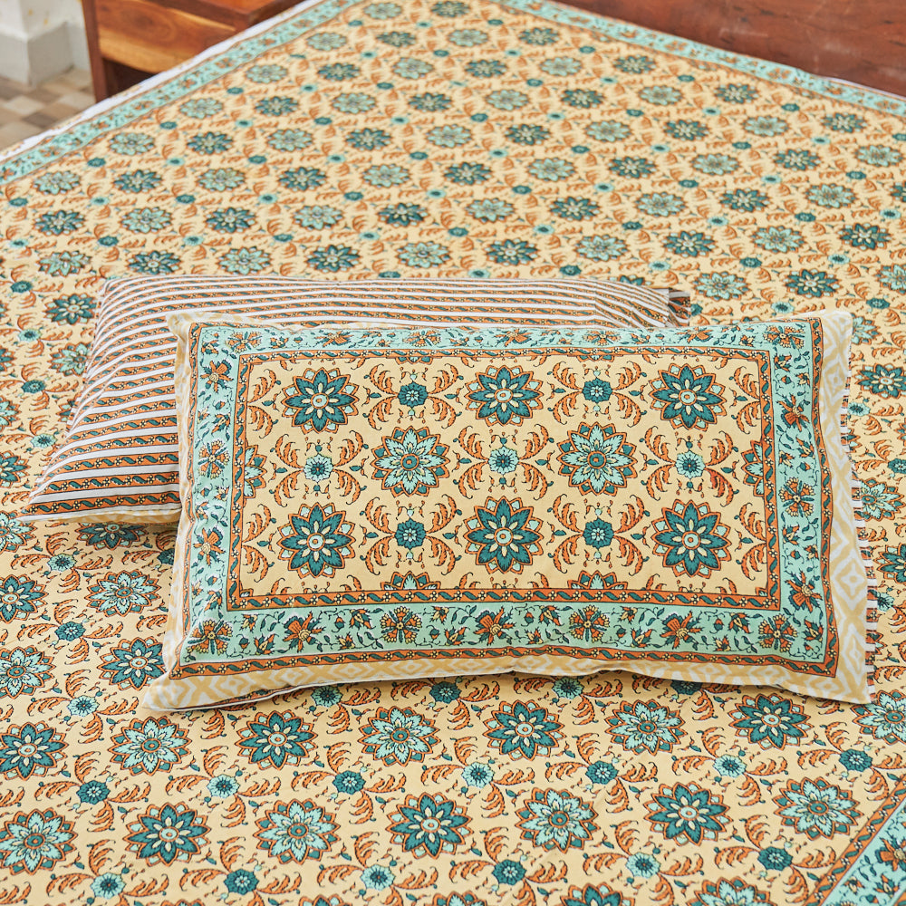 Cotton Long Bel Peach Green Queen Size Bedsheet