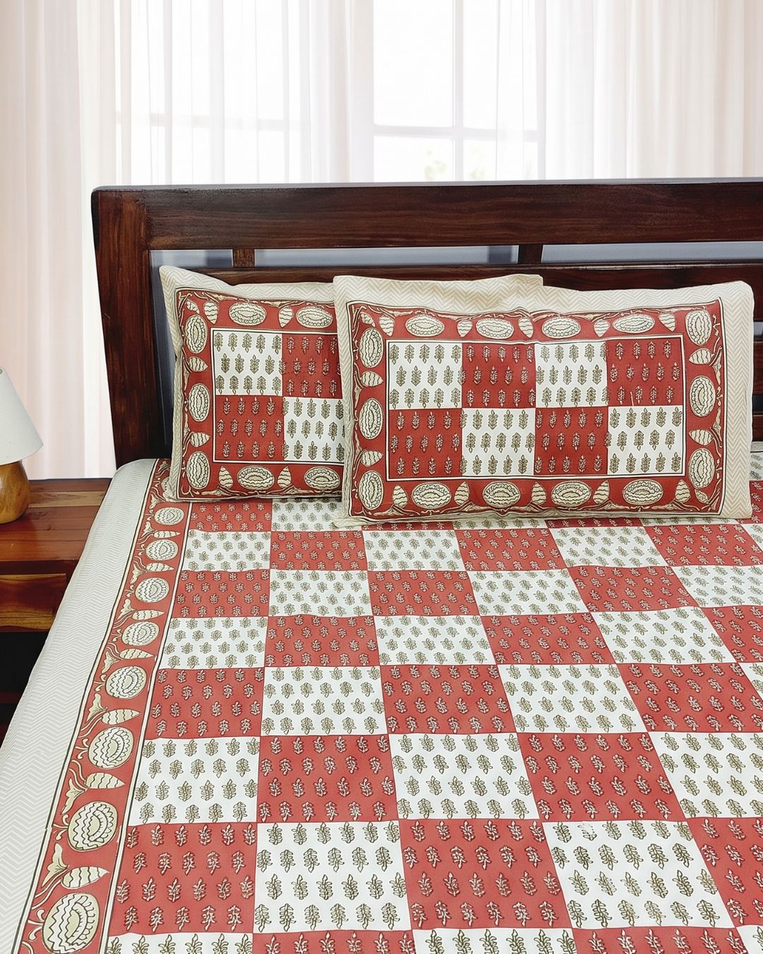 Cotton Queen Size Bedsheet –Terracotta Red Geometric Print