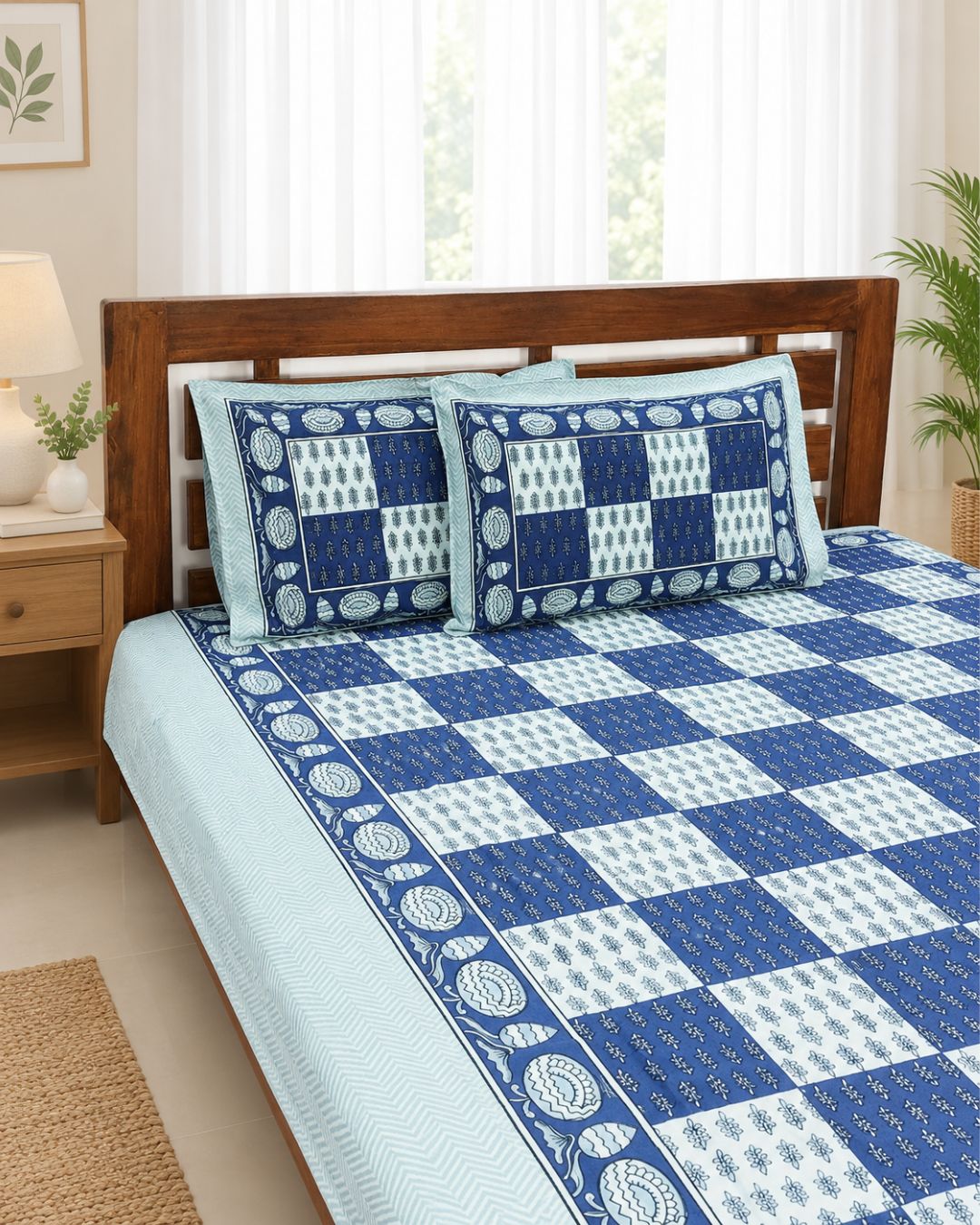 Cotton Queen Size Bedsheet – Indigo Blue geometric checkered patchwork Print