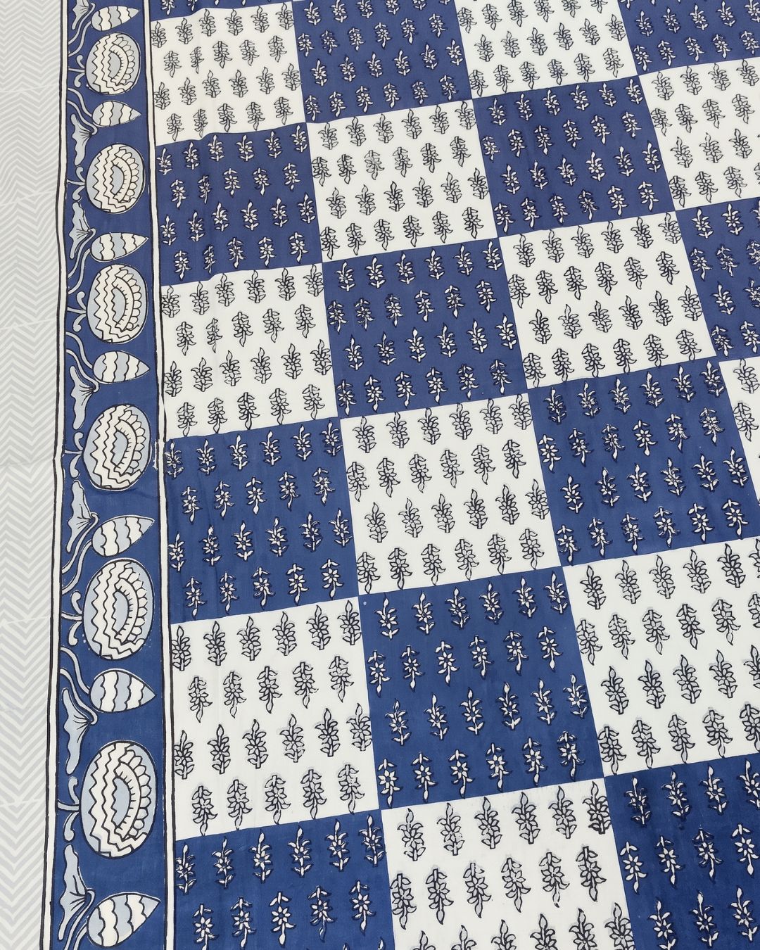 Cotton Queen Size Bedsheet – Indigo Blue geometric checkered patchwork Print