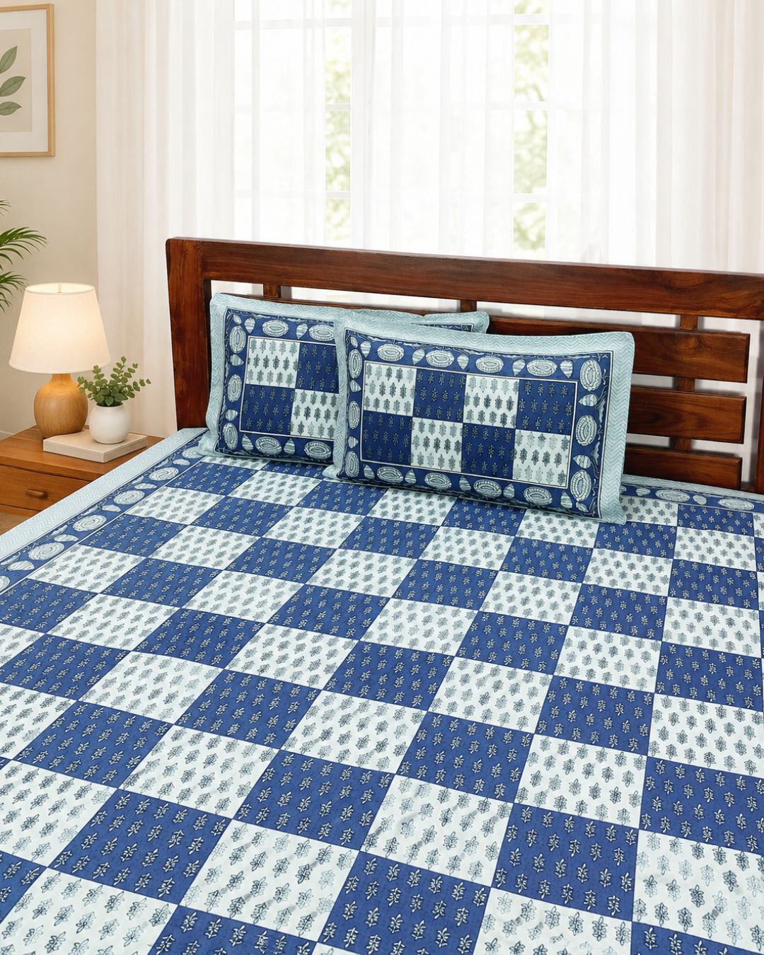 Cotton Queen Size Bedsheet – Indigo Blue geometric checkered patchwork Print