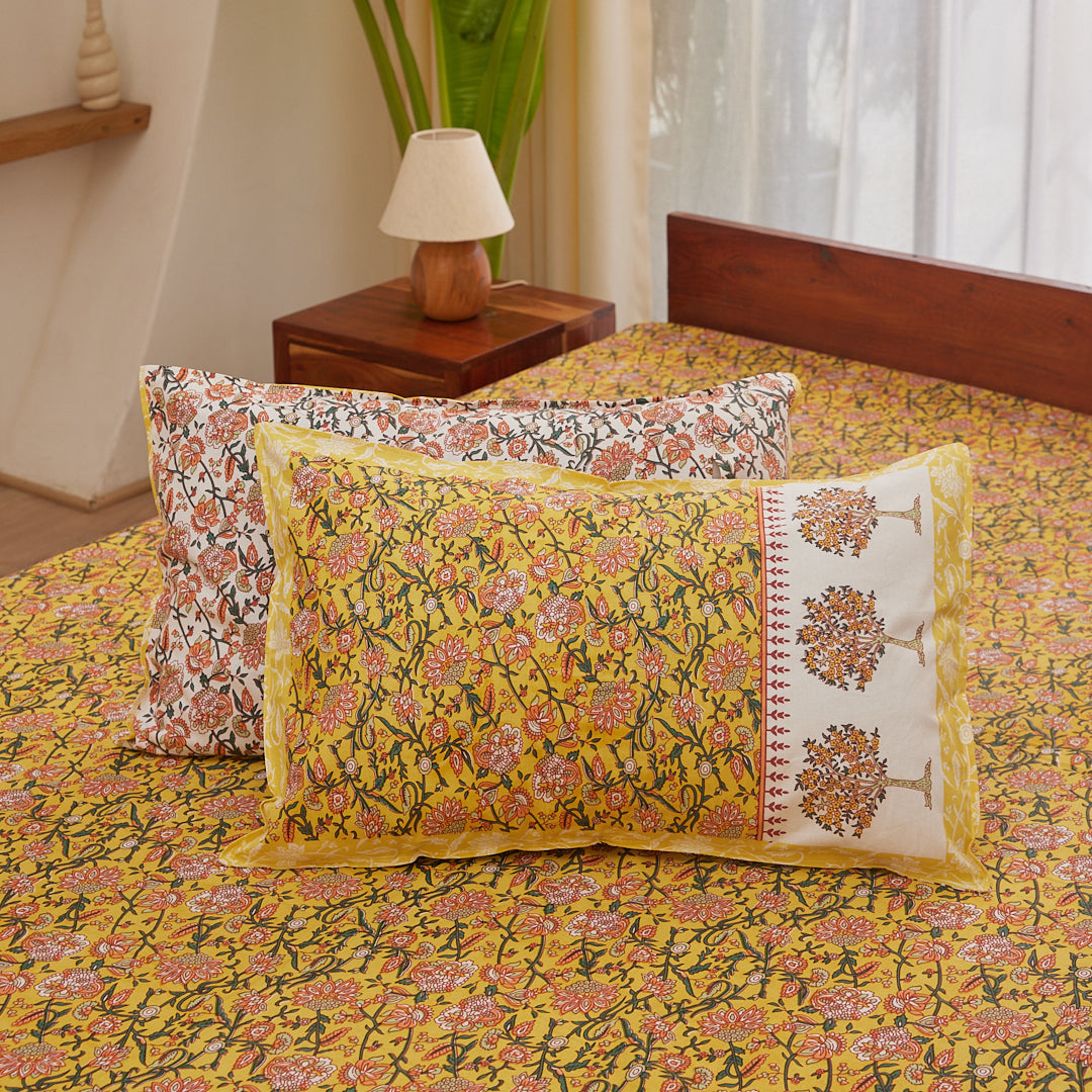 Cotton Mustard Floral Queen Size Bedsheet