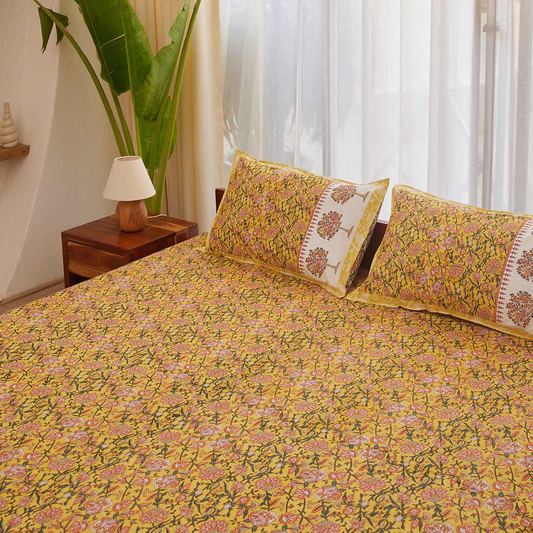 Cotton Mustard Floral Queen Size Bedsheet