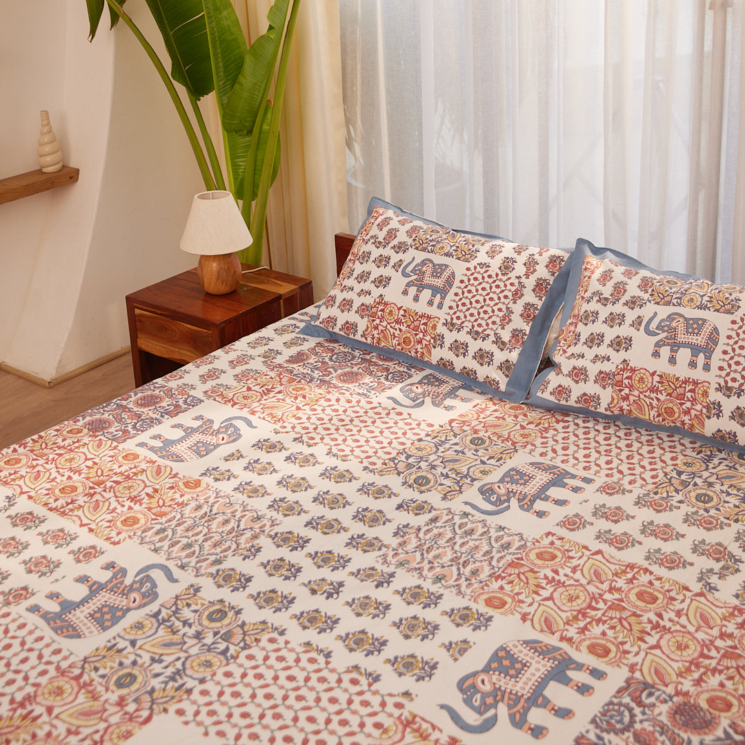 Cotton Pink-Blue Floral Queen Size Bedsheet