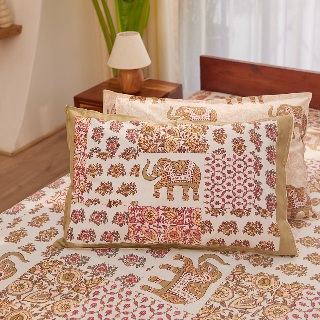 Cotton Brown-Pink Floral Queen Size Bedsheet