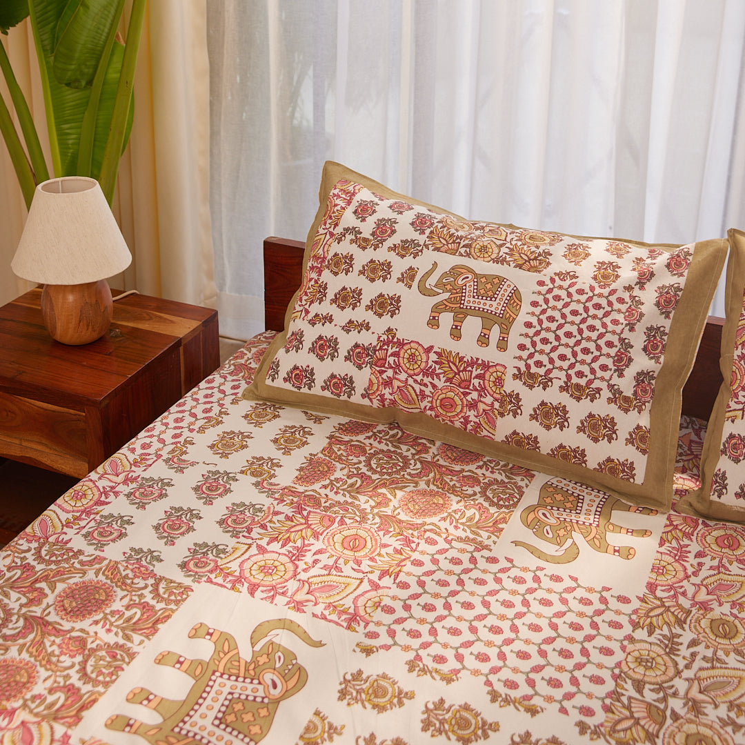 Cotton Brown-Pink Floral Queen Size Bedsheet