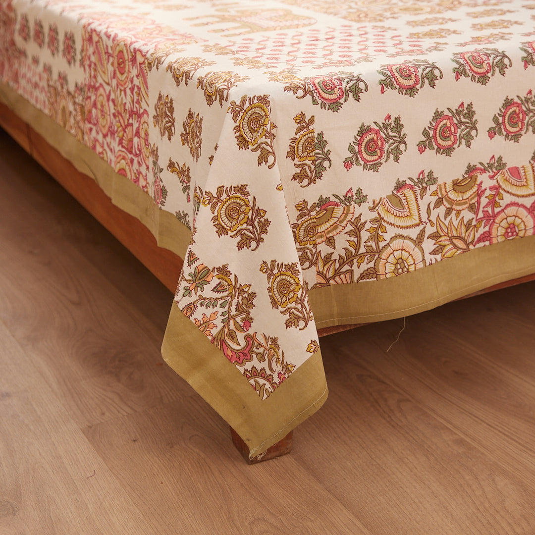 Cotton Brown-Pink Floral Queen Size Bedsheet