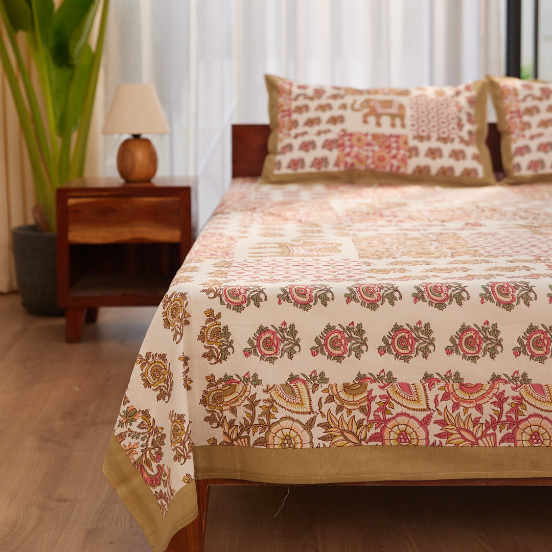 Cotton Brown-Pink Floral Queen Size Bedsheet