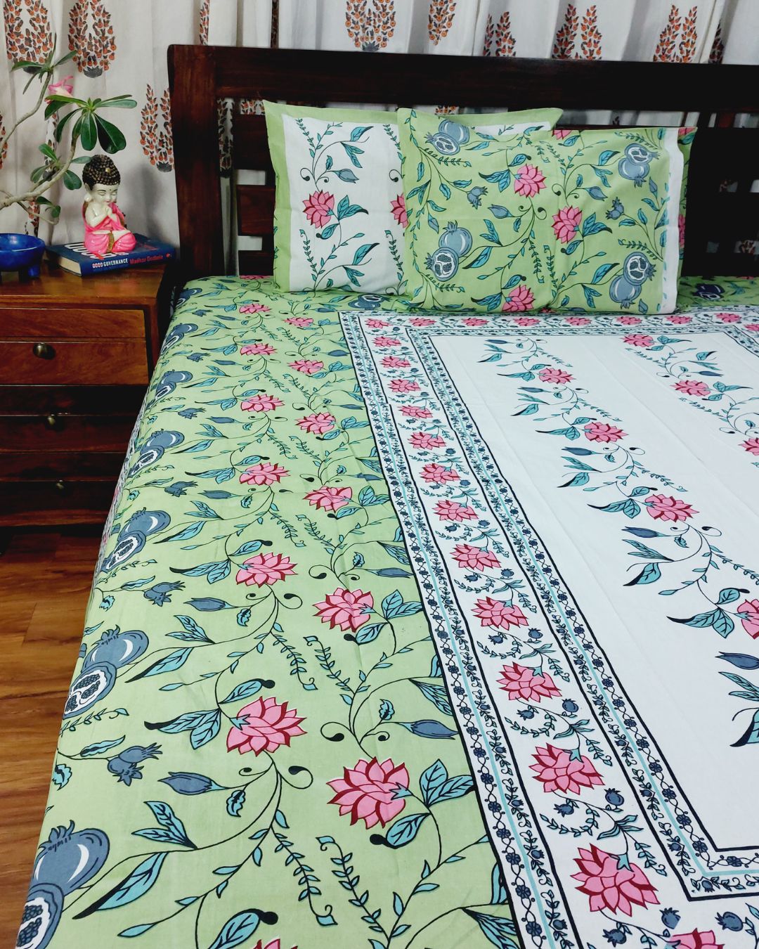 Cotton Light Green-Blue Pink Floral Queen Size Bedsheet