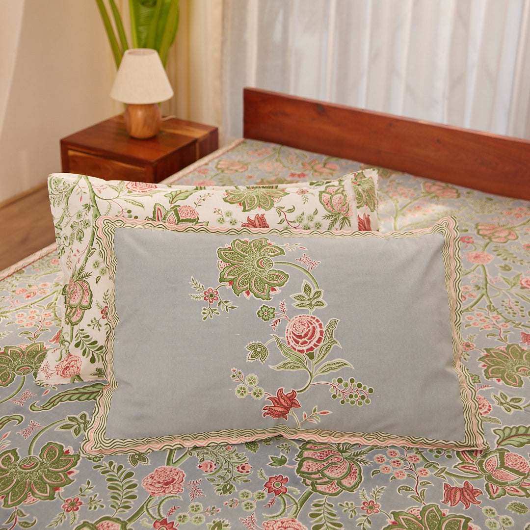 Cotton Blue-Red Floral Queen Size Bedsheet
