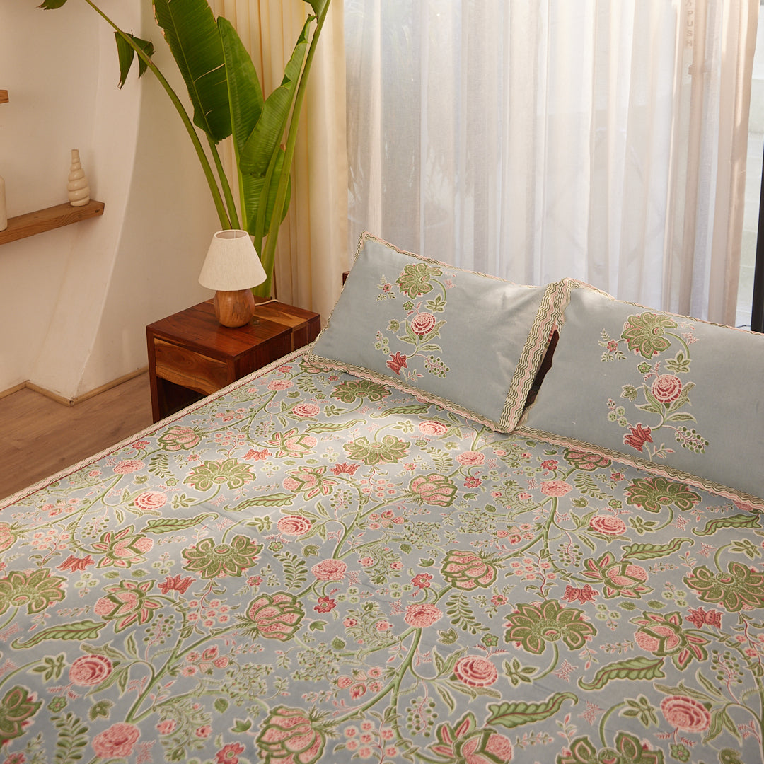 Cotton Blue-Red Floral Queen Size Bedsheet