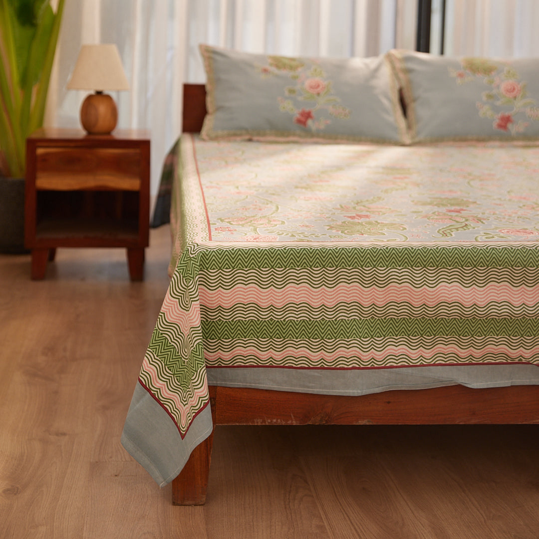 Cotton Blue-Red Floral Queen Size Bedsheet