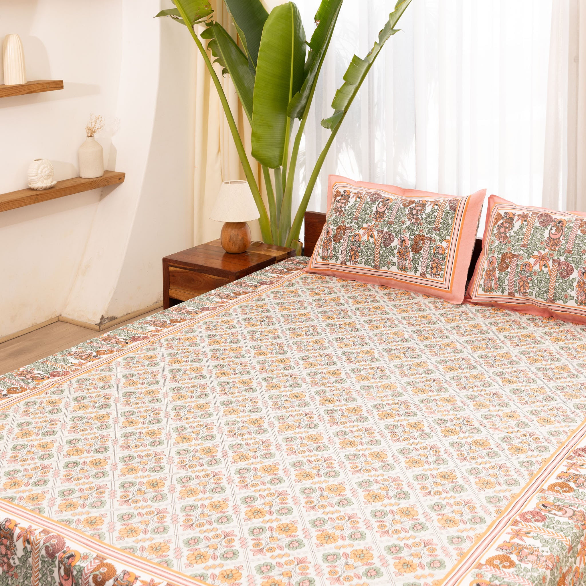 Cotton Pink-Yellow Floral Queen Size Bedsheet