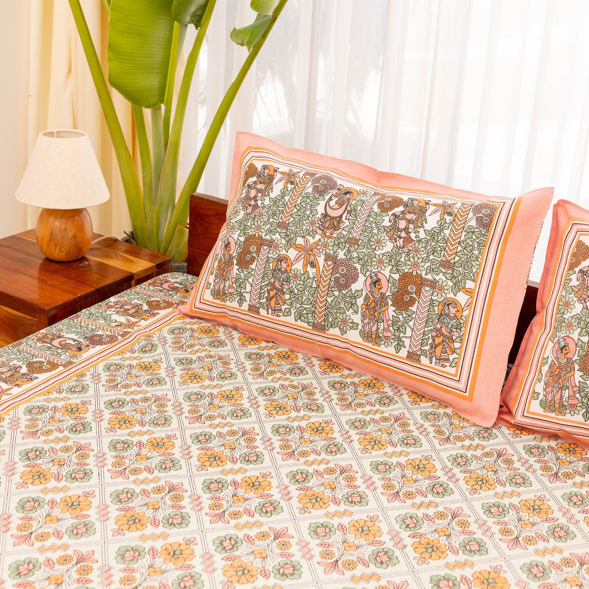 Cotton Pink-Yellow Floral Queen Size Bedsheet