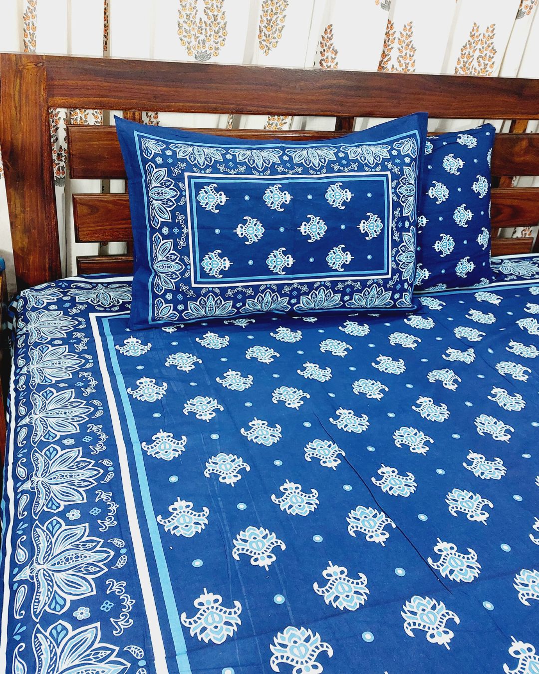Cotton Queen Size Bedsheet Blue Lotus Print